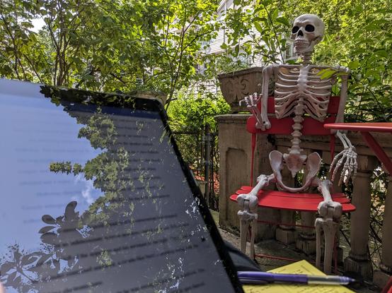 A patio surrounded by trees. There's a tablet and notebook in the foreground and a skeleton sitting at a table.