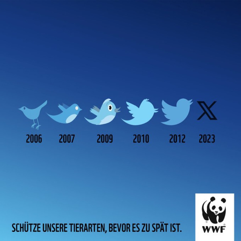 Evolution of the twitter bird image over the years, ending with the X in 2023, with the phrase in German