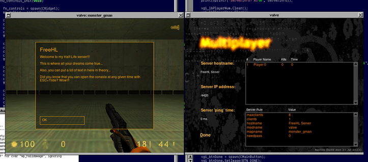 Two windows, left one is screenshot of a running listen server game. Right window shows the server on the left being queried with the 'View Game Info' menu that's been implemented today.
