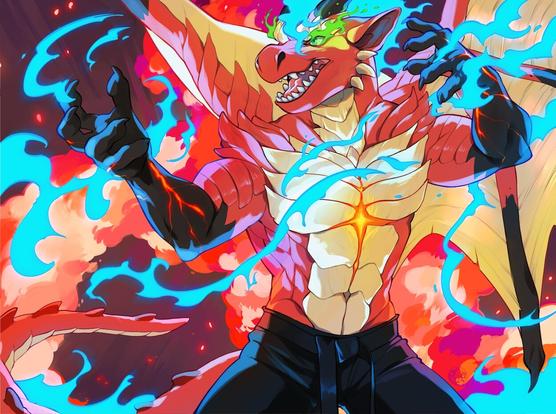 Drawing of a dragon in a fighting stance. Blazing pandemonium surrounds him. Blue lines of fire swirl around him, originating from his arms, which are carbon black and lined with veins of deep red fire. His hair burns a bright blue and the corners of his eyes flicker with green flames from the corners of his eyes