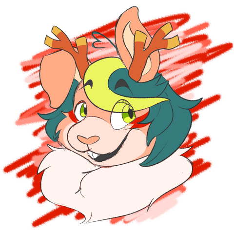 It's an image of Citrine the Jackalope in a toony, Looney Toons-esque art style. He has fluffy dark green hair with bright yellow streaked bangs swooping to the viewer's right. He's looking at the viewer with a 3/4ths pose from the next up. He has orangey peach fur on his ears and face, and baby pink fur on his muzzle and inner ears. He also has a fluffy neck poof, and two orange antlers with gold tips. One rabbit ear is up, one is flopped halfway down. His eyes are green on the top half, and yellow on the bottom half. He has red two prong stripe markings on his cheeks and black eyebrows, smiling with his mouth open
