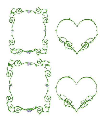 Graphic design for a wedding invitation featuring vines and flowers in green and purple