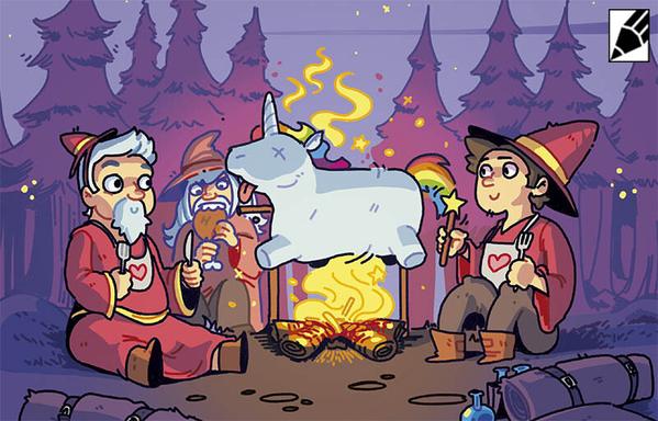 comer unicornio con amigos magos