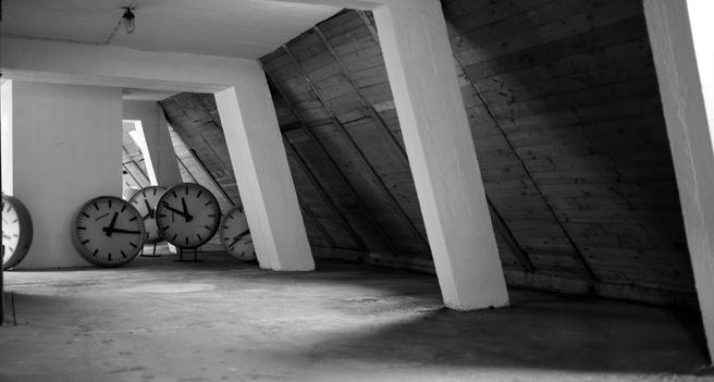 Clocks in storage.