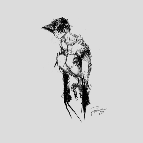 A raven-human with messy feathers and half a human face, long useless nails and wearing human clothing, drawn with 6B pencil like brush