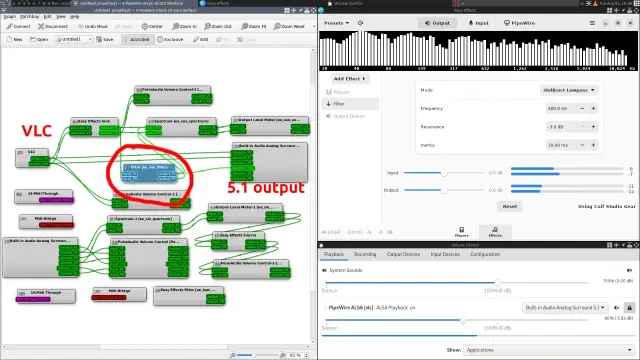 QPWGRAPH showing bypassed Easyeffects lowpass filter to only apply to subwoofer LFE stream.