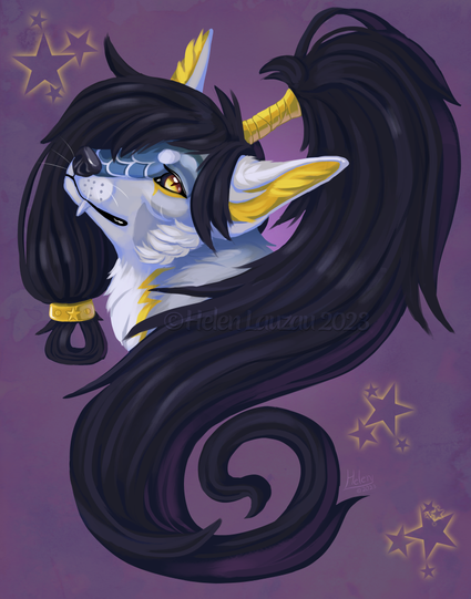 Digital painted portrait of a fantasy canine character, known as Kiamara. He has a larger hair style with a part over on his right side, covering his face on that side and hanging down to chest. A big and long pony tail sitting on back of head. He is looking back over his shoulder at viewer with hair flowing down in front and coming to a stylized curl at the end.