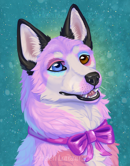 Digital painting of a husky type dog with pink and white fur looking up at viewer. Darker pink and teal marking around eyes and dark pink circle marking on shoulders. Black ears and nose. Large purple ribbon tied in a bow around neck. Blue and brown heterochromia eyes.