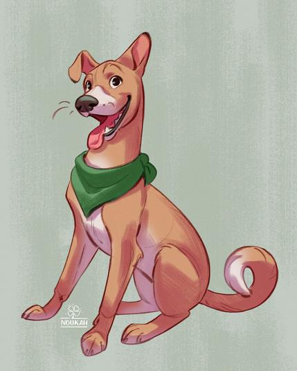 Digital drawing in a cartoony style of a happy dog sitting and gazing towards the viewer. It is panting with its tongue sticking out and  is wearing a green bandana. One of the ears is floppy.