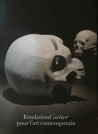 Couverture de la présentation papier de l'exposition Ron Mueck à la Findation Cartier pour l'art contemporain. 
Dans la pénombre, deux crânes, l'un couché au premier plan, l'autre debout à l'arrière-plan.