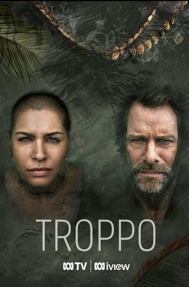 Nicole Chamoun and Thomas Jane on the poster for Troppo. They are underwater with just their faces showing in the air.