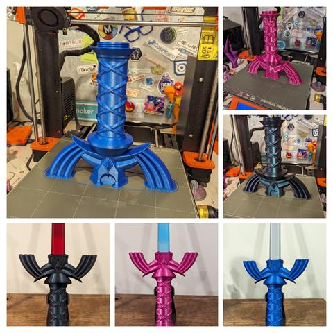 Collage of the master sword hilts on the 
 3DPrinter build plate and swords sitting upright with a stand.