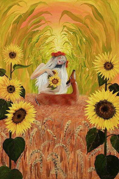 Image: Lammas - Lughnasadh Painting by Nichol Skaggs. Woman is in the midst of a field of grain and sunflowers. She is holding sunflowers and a deer is sitting with her.