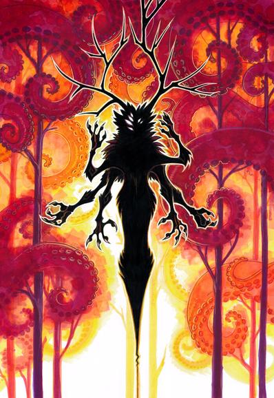 Black silhouette with too many arms and antlers in front of a tentacle forest