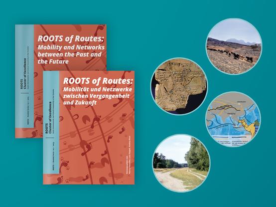 An English and a German edition of the booklet "Roots of Routes" and four graphics from the booklet against a colored background.