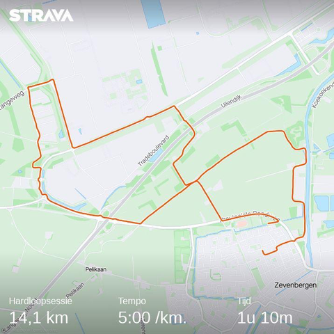 Kart van Zevenbergen en omgeving met in het oranje de hardlooproute erop getekend. Totale afstand was 14,1 kilometer in een gemiddeld tempo van 5 minuten per kilometer. Totale duur van de training was 1 uur en 10 minuten