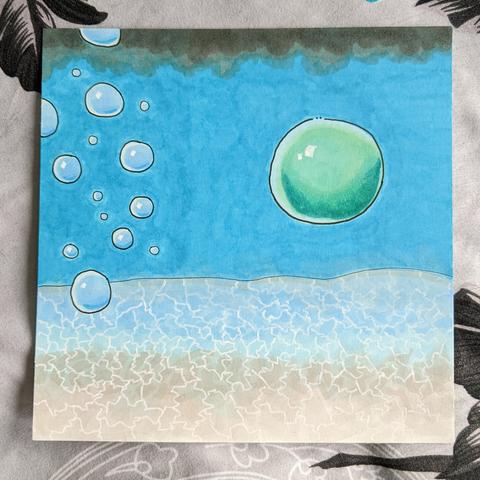 Pen and marker drawing of underwater bubbles, a bunch of small blue ones together and one big green one off by itself.