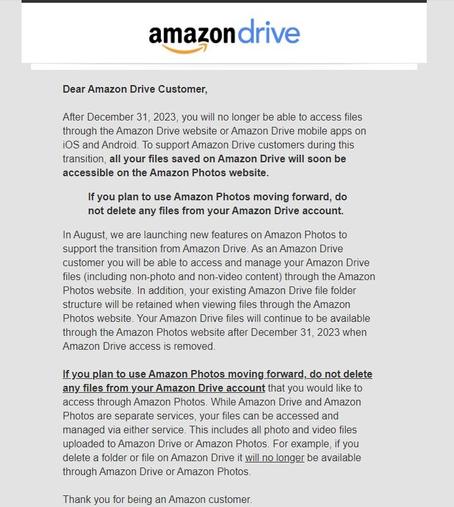 Email sent to Amazon Drive customers explaining that files uploaded to the service will be available in a new section of Amazon Photos after December 31, 2023.