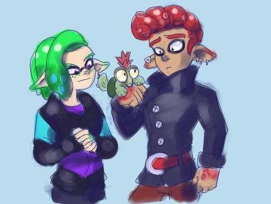 A female inkling with green and a male octoling with red. There’s a small fry Salmonid on the octoling’s hand which he looks rather unsure about. The inkling is holding her hands together with some amusement.