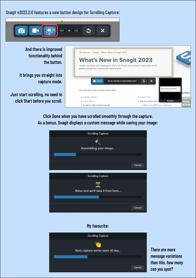 A diagram of the updated Scrolling Capture feature in Snagit version 2023.2.0: a new button, no need to click Start before starting your capture, and a custom save message.