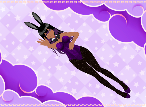 A photo of Aiyoku laying in a bunny suit against a purple and gold background full of glitter and cloud.