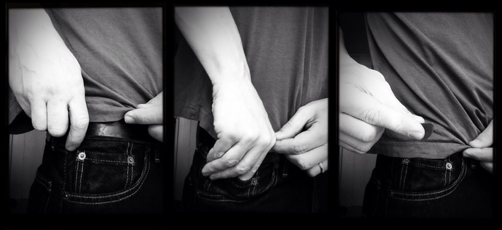 Three black and white photos of an arm removing a guitar pick from a small pants pocket.