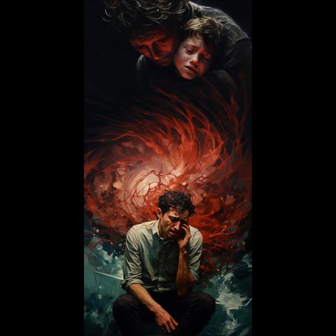 an artwork that shows a man in anguish and an image of his mother holding his younger self