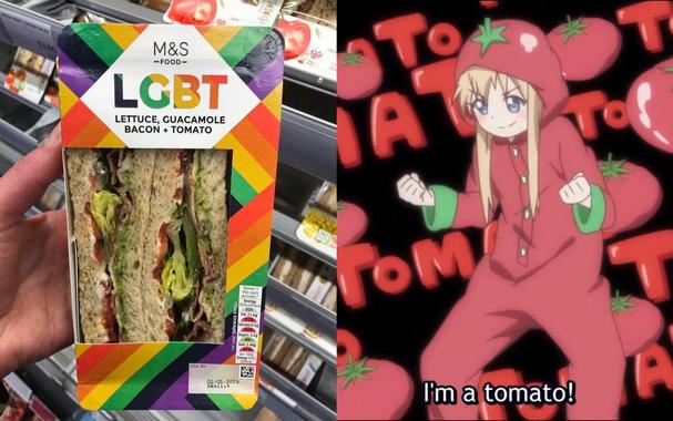 Two images side by side, the first is a photo of someone showing a pride-themed sandwich, which says "LGBT", but underneath it it says "Lettuce, Guacamole, Bacon, Tomato", then the second image is an anime character in a red onesie looking like a tomato, and says "I'm a tomato" while looking quite determined