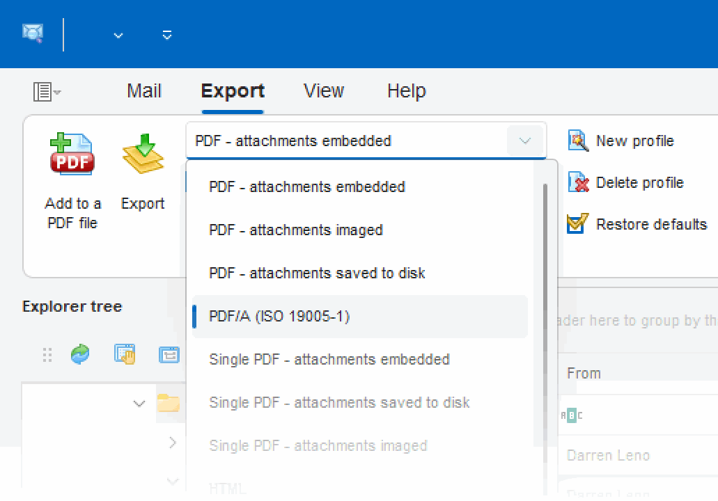 Export profiles in Pst Viewer Pro.