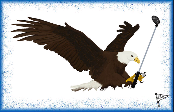 Our eagle mascot is playing golf, with a blue background.
