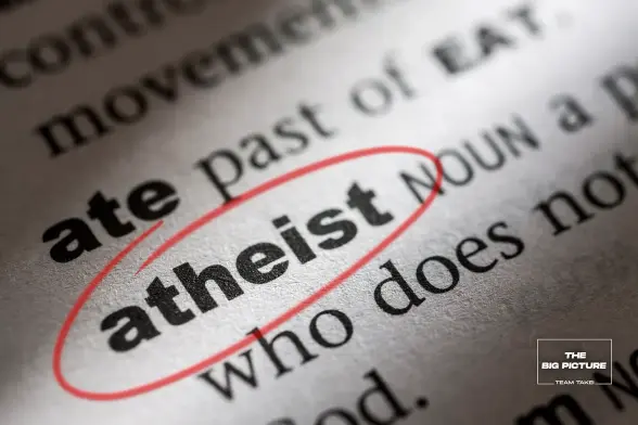 Close-up image of a dictionary entry for the word "atheist". The word itself is encircled with red ink.