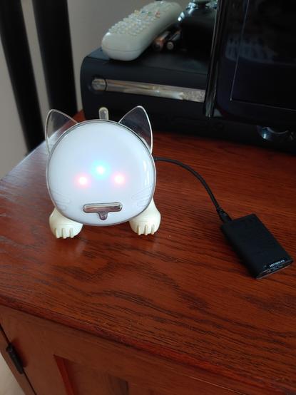 A white iCat is working as a speaker. A bluetooth receiver is connected to its aux port. On its flat, cute face, you can see 3 LED lights lit in an upside-down V shape. It's blue in the center, and red on the other ends of the V.

There is a chrome accent around the head, and the nose is also chrome. It has whiskers to the left and right, as little intents into the white plastic. The ears and tail are clear, translucent plastic. Also seen below the head are the two front paws. The paws are accented with a sort of rubberized material (that hopefully isn't actually rubber, because that breaks down into a disgusting mess over time) to show where its toes are, and keep the iCat from sliding around.