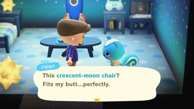 Animal Crossing: New Horizons screenshot. Image set in Filbert's house, which is all blue with blue furniture. Filbert (blue squirrel) is hanging his head down while talking to a bald, bearded light skinned villager saying, "This crescent-moon chair? Fits my butt...perfectly."