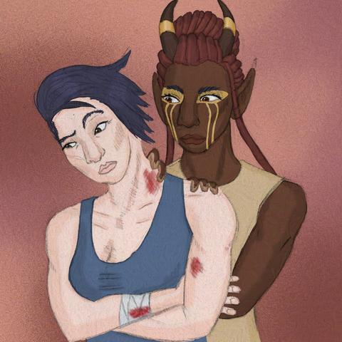 Digitally colorized pencil drawing of Amaya (The Dragon Prince), standing with her arms crossed, looked slightly sceptical or annoyed, and Janai (The Dragon Prince) standing behind her, tending to her wounds