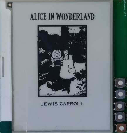 An e-paper display showing a black and white cover of Alice in Wonderland by Louis Carrol