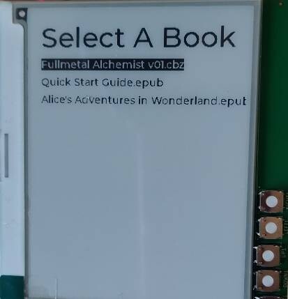 A rudimentary book selection menu on an e-paper display.