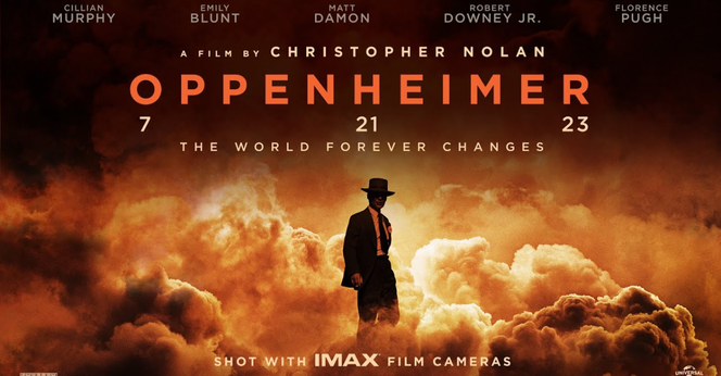 Poster for the movie. In a scenery of smoke and orange fire, an figure with a long-rimmed hat stands casually in the middle of it. Under the title reads the tag line "The world forever changes"