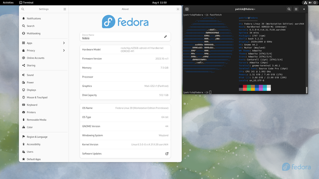 Screenshot of Fedora 39 running on an Odroid M1 with the About menu from Fedora Settings on the left side and the output from fastfetch (neofetch) on the right side.