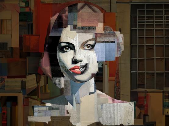 "Therapist Sez, Calm Down" Original digital illustration by the author. Geometrically fragmented collage of female therapist with a smile on the right side of her face, and an ironic sneer on the left.
