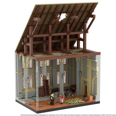 Lego set of the Sector 5 Church. There's a hole in the roof, and rubble and upturned furniture on the ground and against the wall. A piano is tucked away in the corner.The Cloud and Aerith figurines stand facing each other beside the flower bed.