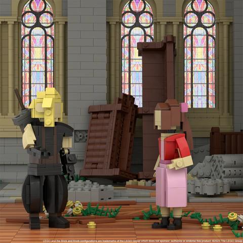 The Cloud and Aerith figurines stand facing each other beside the flower bed. There's rubble and upturned furniture on the ground and against the wall with 3 stained glass windows.