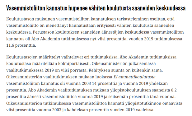 Kuvakaappaus yhdestä linkin artikkelin kappaleesta. Lukee:

Vasemmistoliiton kannatus hupenee vähiten koulutusta saaneiden keskuudessa
Koulutustason mukainen vasemmistoliiton kannatuksen tarkasteleminen osoittaa, että vasemmistoliitto on menettänyt kannatustaan erityisesti vähiten koulutusta saaneiden keskuudessa. Perustason koulutuksen saaneiden äänestäjien keskuudessa vasemmistoliiton kannatus oli Åbo Akademin tutkimuksessa nyt viisi prosenttia, vuoden 2019 tutkimuksessa 11,6 prosenttia.

Koulutustasojen määrittelyt vaihtelevat eri tutkimuksissa. Åbo Akademin tutkimuksissa koulutustaso määritellään kolmiportaisesti. Oikeusministeriön julkaisemassa vaalitutkimuksessa 2019 on viisi porrasta. Kehityksen suunta on kuitenkin sama. Oikeusministeriön vaalitutkimuksen mukaan luokassa Ei ammattikoulutusta vasemmistoliiton kannatus oli vuonna 2003 14 prosenttia ja vuonna 2019 yhdeksän prosenttia. Åbo Akademin vaalitutkimuksen mukaan yliopistokoulutuksen saaneista 8,2 prosenttia äänesti vasemmistoliittoa vuonna 2019 ja seitsemän prosenttia tänä vuonna. Oikeusministeriön tutkimuksessa vasemmistoliittoa kannatti yliopistotutkinnon omaavista viisi prosenttia vuonna 2003 ja kahdeksan prosenttia vuoden 2019 vaaleissa.