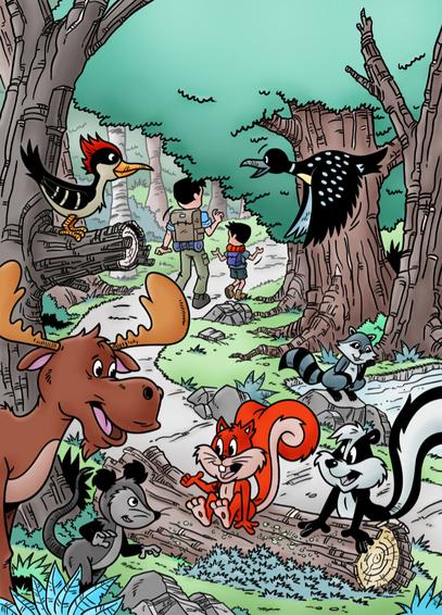 Illustration of a pathway winding it’s way between trees and a lake on the right hand side of the drawing.

In the background are a man and a boy both wearing backpacks.

Flying from right to left is a black bird with grey spots.

High up in a tree on the right is a woodpecker with a red crest, black wings and a grey brown front.

Below that is a moose, to the right of the moose is a possum with black ears and arms.

To his right is a red squirrel sitting on a log and to his right is a skunk.

Behind them sitting on a rock with his head resting on his right hand is a raccoon