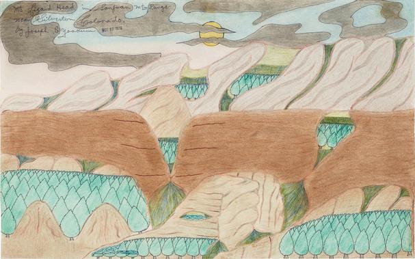 Joseph E. Yoakum, “Mt. Lizard Head in San Juan Mtn Range near Silverton Colorado”, 29 October 1970, ink, coloured pencil and chalk on paper, 29.8 × 47.6 cm // A fabulous landscape with rounded light and dark mountains, mountain strata, niches evenly planted with identical trees, a modest sun from above in the center and gray-brown ragged clouds. Colours: beige, warm brown, taupe, yellow, blue, light green, emerald, a little bit of red lines. // Сказочный пейзаж с округлыми светлыми и тёмными горами, горными пластами, ровно засаженными одинаковыми деревьями нишами, скромным солнцем сверху в центре и серо-коричневыми рваными облаками. Цвета: бежевый, тёплый коричневый, серо-коричневый, жёлтый, голубой, салатовый, изумрудный, чуть-чуть красных линий.
