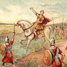 Image d'Epinal montrant César qui franchit le Rubicon. César est sur un cheval blanc qui met un pied dans une rivière. Des soldats romains se trouvent en avant et en arrière-plan.