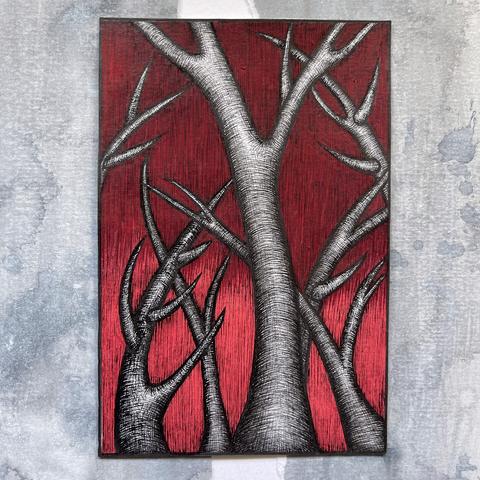 Small illustration on A6 cartridge paper featuring thorned trees. The trees are rendererd in black ink using crosshatching for tone and texture, with no other colour. The background is dark red at the top fading to a crimson using posca pens with tone added (again linear cross hatching) for tone and texture.