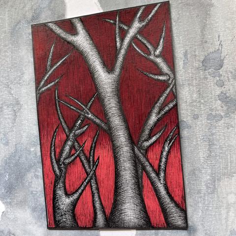 Small illustration on A6 cartridge paper featuring thorned trees. The trees are rendererd in black ink using crosshatching for tone and texture, with no other colour. The background is dark red at the top fading to a crimson using posca pens with tone added (again linear cross hatching) for tone and texture.