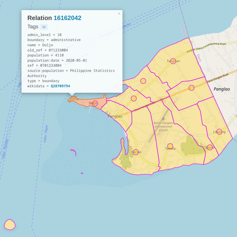 Screenshot of an Overpass Turbo query result map showing the boundaries and the node label positions of the 10 barangays of Panglao, Bohol with the relation of Doljo selected showing its tags.