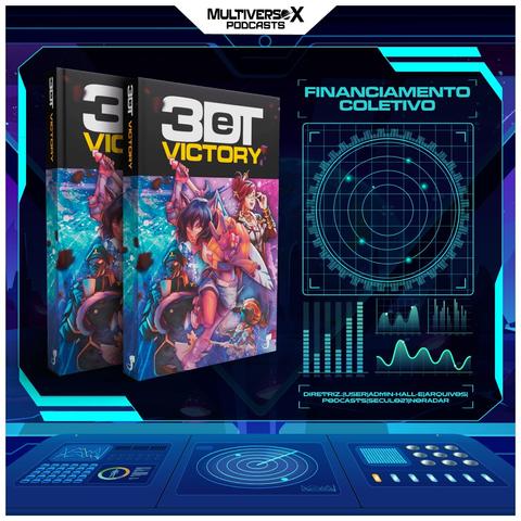 ALT  Banner de divulgação de postagem do Multiverso X, emulando um painel de controle de uma nave espacial e em cuja tela principal à esquerda, aparecem dois mockups do livro de RPG 3DeT Victory. Acima a inscrição Multiverso X Podcasts, Financiamento Coletivo.