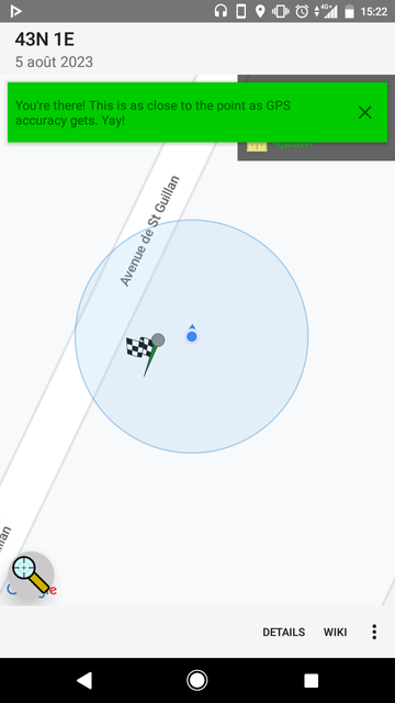 Screenshot of Geohashdroid congratulating me for getting as close to the point as GPS can measure